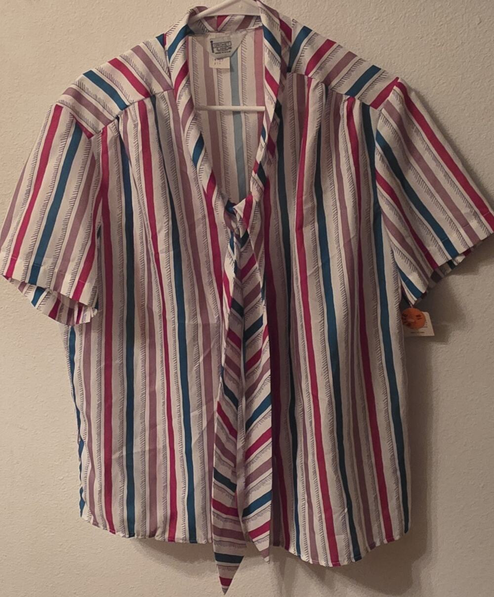 NEW Cricket Lane Striped Satin Blouse Polo Top 1980s Sz 18 Made In USA Vtg NWT